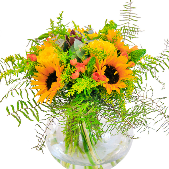 Stepping into a Carshalton living room or nestled among the morning bustle of the High Street, this bouquet shines as a beacon of golden light. Dominated by sunny, charismatic sunflowers with their deep brown hearts, the arrangement pairs these bold blooms with the refined elegance of pale yellow garden roses-each petal unfurling in delicate layers that catch the soft light. Around them, deep green leaves and airy filler vines spill outward, conjuring the lush ambience of summer strolls through The Grove. Scarlet hypericum berries gleam amongst the petals and foliage, their smooth skins gleaming like tiny lanterns. The arrangement is artfully set within a rounded glass vase, whose clarity displays the tangle of sturdy green stems bathed in water, enhancing a sense of natural simplicity. Eucalyptus leaves and fine fern fronds weave through the display, lending textural contrast and an earthy freshness that hints at Carshalton's leafy commons. Drawing close, one can almost detect the subtle fragrance of roses mingling with the sun-drenched, slightly woody scent carried on a summer breeze. Whether gifted for a milestone birthday, a wedding anniversary, or simply to mark a sunny weekend at home, this arrangement represents the joyous heart of Carshalton floristry-fresh, inviting, and full of life.