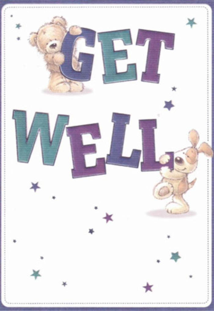 This get well card captures that tender moment when you want to say I'm thinking of you in a way that feels both cosy and cheerful. Dominating the centre are the words GET WELL, written in big, bubbly letters that curve like soft cushions. The letters are richly coloured in jewel-like indigos, teal greens, and deep purples, each one shaded to give a subtle three-dimensional feel, as though they've been carefully cut from plush fabric. Clinging happily to the top of the word GET is a teddy bear with rounded paws and a slightly tilted head, its fur illustrated in warm honey and beige tones that suggest softness you can almost touch. Tucked just under the WELL is an affectionate puppy, all floppy ears and bright, trusting eyes, its coat sketched in gentle browns and creams that echo the comforting look of a favourite childhood toy. Scattered throughout the cream-white background are small stars and sparkles in varying blues, violets, and lilacs, each one like a tiny wish drifting outwards, much like the hopeful feeling of seeing the lights reflect on Carshalton Ponds at dusk. The plentiful white space makes the scene feel airy and uncluttered, ideal for someone craving calm while they rest. From the perspective of a local florist, it's easy to picture this card standing next to a vase of fresh get well flowers delivered to a home off Ruskin Road or near Grove Park, the playful design adding a gentle smile to the healing process. Its mood balances childlike innocence with sincere care, making it suitable for children, parents, grandparents, or neighbours across Carshalton who need a little emotional sunshine while they recover.