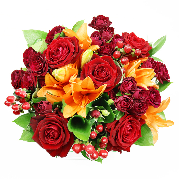 Captured from a top-down perspective against a spotless white backdrop, this compact, circular bouquet presents a rich, autumnal palette of reds, oranges and fresh greens. Several prominent deep red roses form a luxurious focal cluster, each bloom unfurling velvety layers into a classic romantic silhouette that invites close, comforting scent impressions. Scattered among them are bright orange Asiatic lilies, identified by their clean, trumpet-shaped petals and dark-tipped stamens; the lilies introduce vertical punctuation and a glow that feels like late-afternoon sun. Tightly bunched burgundy spray roses sculpt depth and shadow within the arrangement, their small, intricate blooms creating swathes of concentrated colour. Little clusters of glossy red hypericum berries emerge like tiny lolling treasures, catching reflections and adding energetic, tactile highlights. Broad, glossy leaves-probably ruscus or salal-push through the composition, their green tones balancing the warm florals and lending a polished structure to the round silhouette. The photography favors soft, even illumination that accentuates petal texture and the contrast between matte and glossy surfaces. The bouquet's mood is both opulent and convivial, well suited for celebrating love, marking milestones, or lifting a dining space after an afternoon at Beddington Park. As a local florist familiar with Carshalton's aesthetic, I can imagine this piece adorning a kitchen table in Carshalton Village or arriving as a heartfelt celebration bouquet for neighbours and friends.