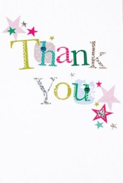 This thank you card radiates a bright, festive energy reminiscent of summer afternoons around Grove Park in Carshalton. The phrase 'Thank You' stretches confidently across the pristine white card, each letter distinct: lime and emerald greens, flashes of fuchsia, cerulean blues-all textured with playful patterns from silver glimmer to stitched flourishes and delicate polka dots. Stars in lively shades of magenta, teal, and golden yellow seem to float above the message, reminiscent of the celebratory mood after a joyful gathering on Pound Street. There's a gentle sparkle woven into certain letters, the texture just visible to those who love the feel of a thoughtfully crafted card. The background acts as a clean, open canvas, allowing each colorful detail to truly shine and infusing the entire piece with a sense of heartfelt thanks. The overall mood is one of spontaneous gratitude-cheerful, genuine, and full of warmth-perfect for pairing with a radiant bouquet from Flowers Carshalton for delivery to friends or neighbours nearby. The card's lively arrangement and tactile flourishes reflect the careful artistry of a local florist, making it an unforgettable way to convey appreciation, whether for a helping hand in the garden or a thoughtful gesture shared between friends in Carshalton.