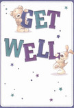 A charming illustrated get well card featuring a cuddly teddy bear and a floppy-eared puppy, both playfully wrapped around the big, bold words GET WELL, feels like a gentle hug in paper form. The bear, with softly textured fur shaded in warm browns and creams, hangs happily over the top of the word GET, while the puppy leans against the word WELL, its velvety ears drooping in a way that makes it look both cheeky and comforting. The lettering itself is thick, rounded, and almost three-dimensional, coloured in deep indigo, teal, and soft aqua tones that glow against a clean cream-white background. Scattered around the characters and text are tiny starbursts and twinkling stars in shades of blue, purple, and lilac, like little sparks of hope drifting across the card-much like the feeling of seeing spring lights flicker over Carshalton Ponds on a calm evening. The overall design is bright yet soothing, with plenty of white space to give a sense of fresh air and quiet recovery, similar to a slow walk through Grove Park when you're just starting to feel better. As a florist used to pairing cards with get well bouquets, I can almost imagine this card propped beside a vase of soft pastel blooms on a bedside table in Carshalton, bringing reassurance every time the recipient glances its way. The mood is light, child-friendly, and universal, perfect for cheering up anyone-young or old-who needs a touch of playful optimism while they heal, without ever feeling overwhelming or noisy. Every brushstroke seems designed to say, Take your time, rest, and know you're loved.
